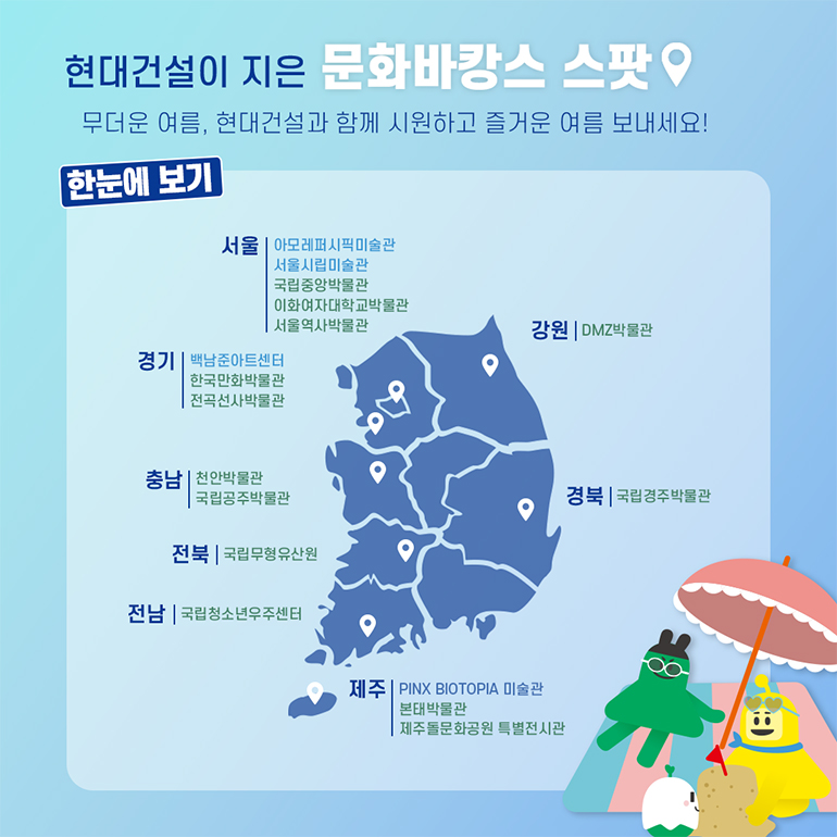 무더운 여름 현대건설과 함께 시원하고 즐거운 여름 보내세요! 한눈에 보기 서울 아모레퍼시픽미술관 서울시립미술관 국립중앙박물관 이화여자대학교박물관 서울역사박물관 강원 DMZ 박물관 경기 백남준 아트센터 한국만화박물관 전곡선사박물관 충남 천안박물관 국립공주박물관 경북 국립 경주 박물관 전북 국립무형유산원 전남 국립청소년우주센터 제주 PINX BIOTOPIA미술관 본태 미술관 제주돌문화공원 특별전시관